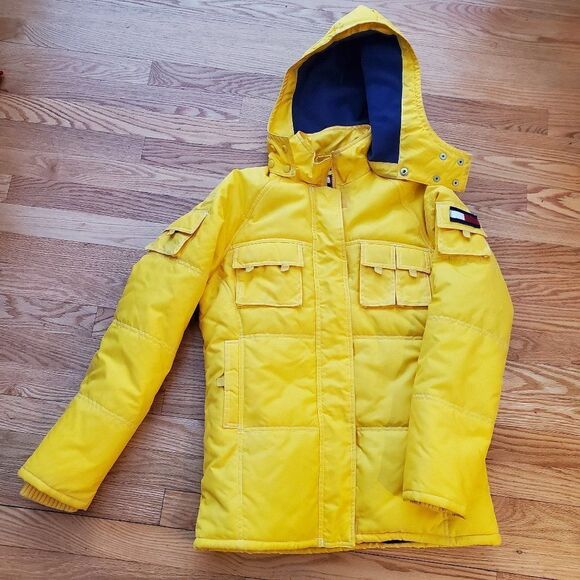 Tommy Hilfiger Jeans Womens Puffer Jacket size S Nautical Yellow Sailing Hood - Picture 1 of 9